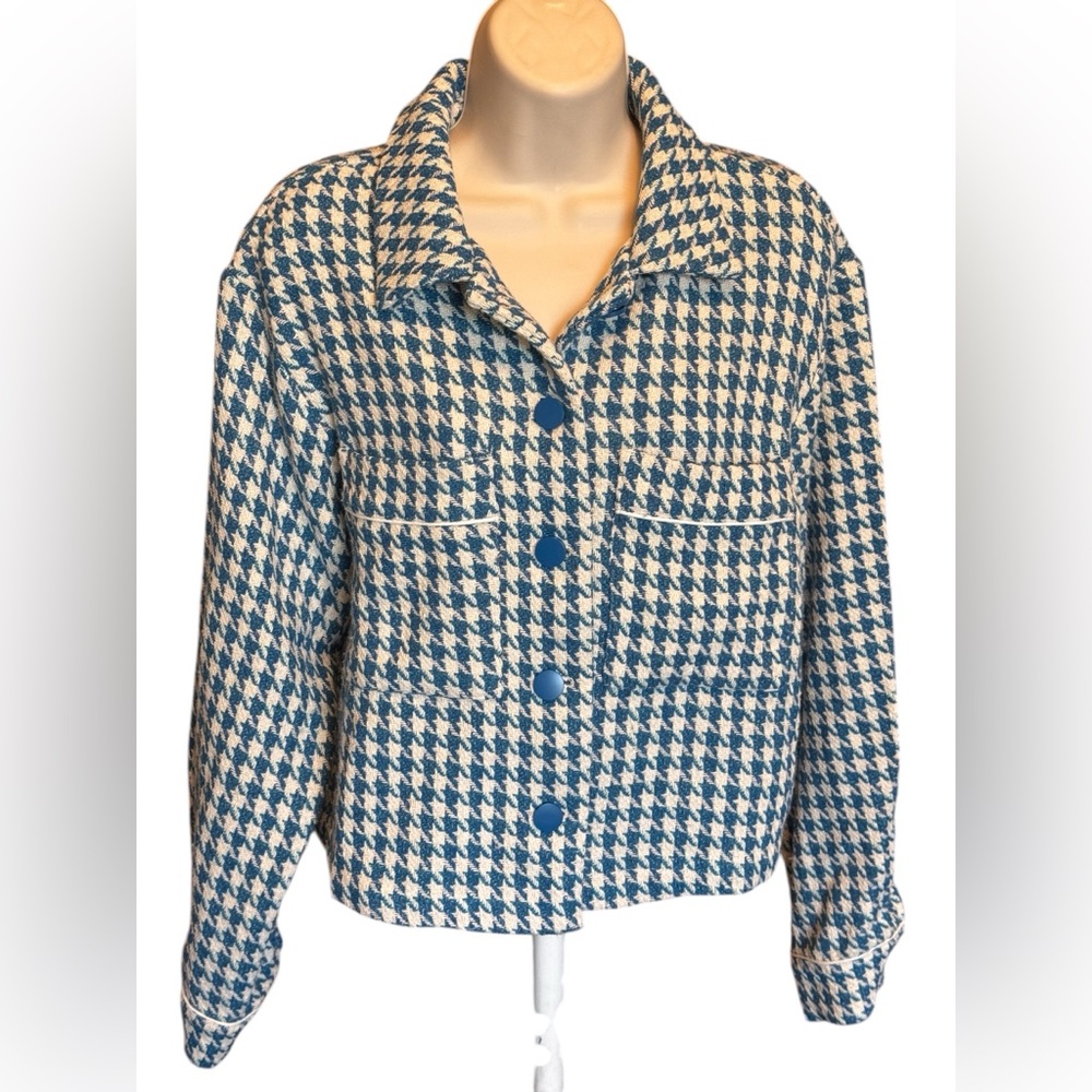 Dolan Anthropologie Houndstooth Blazer Size M Cropped Teal Cream Career Wear